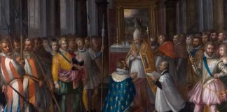 Abjuración de Enrique IV ante el papa en la basilica de Saint-Denis de París. Musée d'art et d'histoire de Meudon.