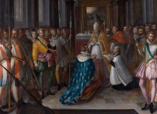 Abjuración de Enrique IV ante el papa en la basilica de Saint-Denis de París. Musée d'art et d'histoire de Meudon.