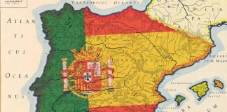 Los colores de España y Portugal y un escudo conjunto, bajo la fórmula de Iberia, sobre un mapa peninsular de 1640 (montaje de J. Mena).