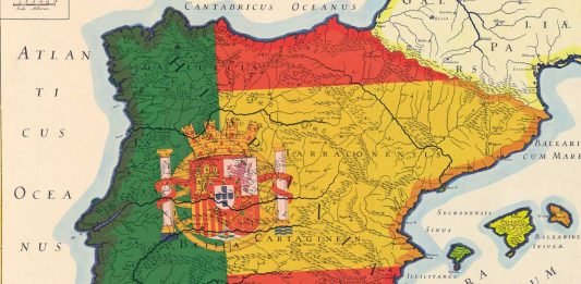 Los colores de España y Portugal y un escudo conjunto, bajo la fórmula de Iberia, sobre un mapa peninsular de 1640 (montaje de J. Mena).