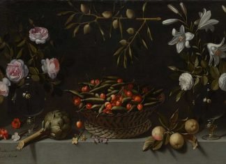 "Bodegón con floreros y cesta de guisantes y cerezas", por Juan Van Der Hamen, 1621.