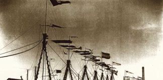 Fotografía de la puesta de la quilla del buque Santa Isabel, realizada el día 28 de octubre de 1914.