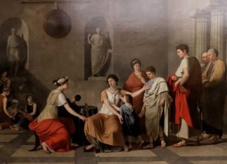 Según Plutarco, Cornelia, icono de la matrona romana, tras enviudar se dedicó a la educación de lo que ella llamaba sus “joyas”, sus hijos Tiberio, Cayo y Sempronia. Cornelia, madre de los gracos, por Joseph-Benoit Suvée, 1795, París, Museo del Louvre.