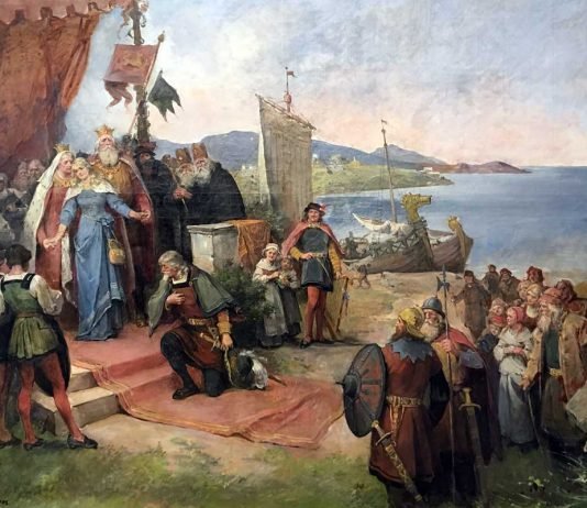 La marcha de Cristina de Noruega hacia España, en una pintura de Nils Bergslien.
