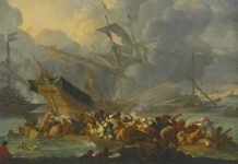 Recreación pictórica de la batalla de Lepanto realizada por Johannes Lingelbach hacia 1671, aproximadamente un siglo después de producirse los acontecimientos bélicos.