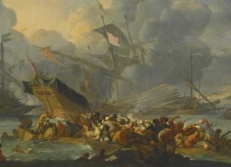 Recreación pictórica de la batalla de Lepanto realizada por Johannes Lingelbach hacia 1671, aproximadamente un siglo después de producirse los acontecimientos bélicos.