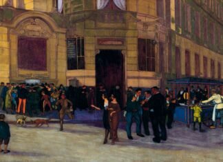 Frente al Banco de Vizcaya, por José Arrúe, 1920.
