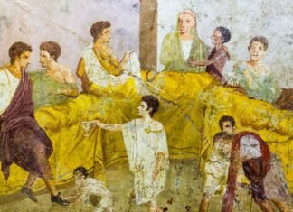 Fresco pompeyano que reconstruye un banquete realizado en época romana.