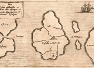 ENTRE EUROPA Y AMÉRICA sitúa la Atlántida este mapa ficticio del siglo XVII, orientado de sur a norte.