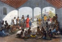 Recreación pictórica de un mercado de esclavos en Brasil en el siglo XIX, por Johann Moritz Rugendas.