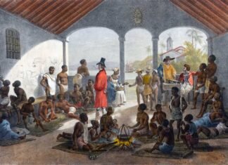 Recreación pictórica de un mercado de esclavos en Brasil en el siglo XIX, por Johann Moritz Rugendas.