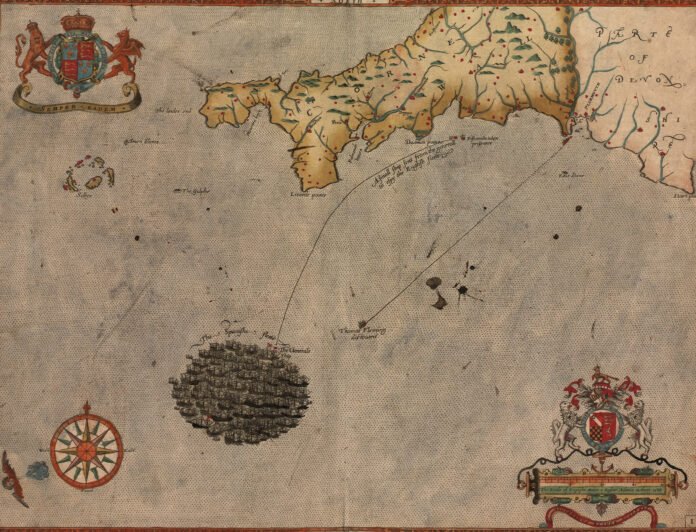 Recreación de la flota española conocida como la Armada Invencible frente a la costa de Cornualles el 29 de julio de 1588. Aparecen los escudos de armas de la reina Isabel I y lord Howard. Recreación de la flota española frente a la costa de Cornualles el 29 de julio de 1588. Aparecen los escudos de armas de la reina Isabel I y lord Howard.