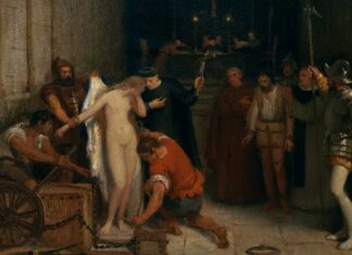 Una mujer desnuda está a punto de ser TORTURADA por la Inquisición, según la interpretación de Víctor Manzano, 1859, Museo del Prado.