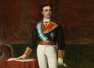 Detalle de un retrato del rey Alfonso XII, hacia 1875, por Manuel Domínguez Sánchez, Madrid, Museo del Prado.