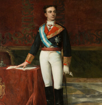 Detalle de un retrato del rey Alfonso XII, hacia 1875, por Manuel Domínguez Sánchez, Madrid, Museo del Prado.