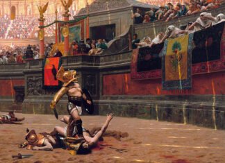 Detalle de "Pollice verso", un cuadro de 1872 de Jean-Léon Gérôme (Phoenix Art Gallery), que ilustra la portada del número 313 de La Aventura de la Historia, ejemplar que dedica su dossier a los espectáculos (luchas de gladiadores, ludi meridiani, venationes, naumaquias) del Coliseo romano.