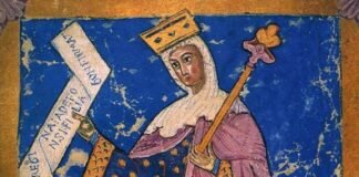 Miniatura que representa a la reina Urraca en el Tumbo A de Compostela.