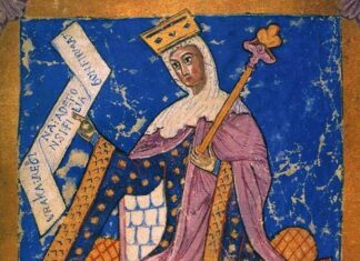 Miniatura que representa a la reina Urraca en el Tumbo A de Compostela.