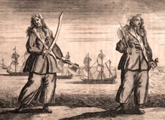 Anne Bonny y Mary Read, en un grabado que ilustra la edición de una "Historia de los piratas", de 1724.