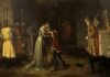 Recreación de Fadrique Alfonso despidiéndose de su madre Leonor en presencia de la reina María de Portugal.