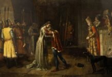 Recreación de Fadrique Alfonso despidiéndose de su madre Leonor en presencia de la reina María de Portugal.