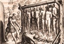 Grabado de Theodor de Bry mostrando la supuesta quema de indígenas en el Nuevo Mundo por los españoles. La imagen refleja el peso histórico del derrotismo en España.