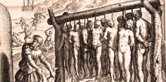 Grabado de Theodor de Bry mostrando la supuesta quema de indígenas en el Nuevo Mundo por los españoles. La imagen refleja el peso histórico del derrotismo en España.