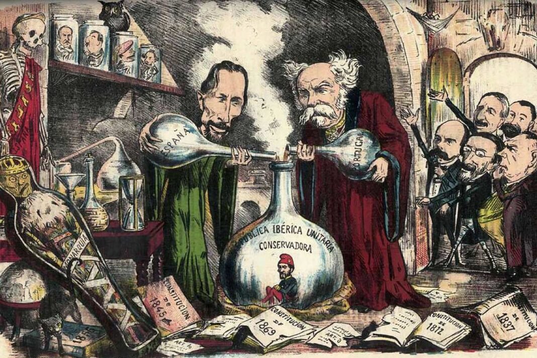Viñeta publicada en junio de 1870 en la revista satírica La Flaca planteando el debate de la unión de las dos coronas de la península ibérica.