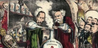 Viñeta publicada en junio de 1870 en la revista satírica La Flaca planteando el debate de la unión de las dos coronas de la península ibérica.