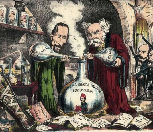 Viñeta publicada en junio de 1870 en la revista satírica La Flaca planteando el debate de la unión de las dos coronas de la península ibérica.