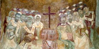 Fresco bizantino que representa el primer concilio de Nicea.