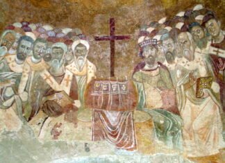 Fresco bizantino que representa el primer concilio de Nicea.
