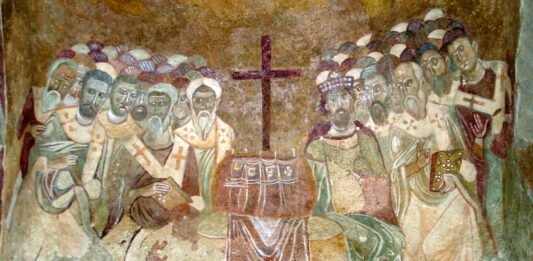 Fresco bizantino que representa el primer concilio de Nicea.