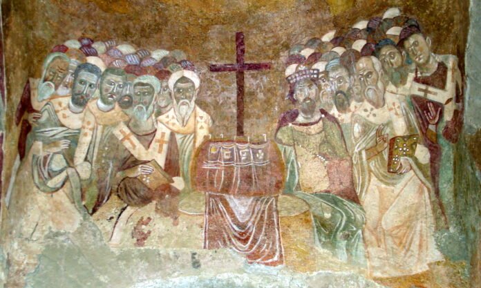 Fresco bizantino que representa el primer concilio de Nicea.