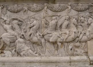 Cara norte del Mausoleo de los Julii en Glanum, sur de Francia, mostrando una batalla de caballería, alrededor de 40 a.C.