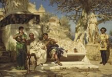 Dos nobles romanos conversan (¿de negocios?) en LA SIESTA DE LOS PATRICIOS, obra de Henryk Siemiradzki.
