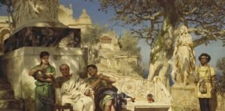 Dos nobles romanos conversan (¿de negocios?) en LA SIESTA DE LOS PATRICIOS, obra de Henryk Siemiradzki.