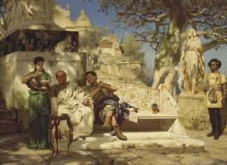 Dos nobles romanos conversan (¿de negocios?) en LA SIESTA DE LOS PATRICIOS, obra de Henryk Siemiradzki.