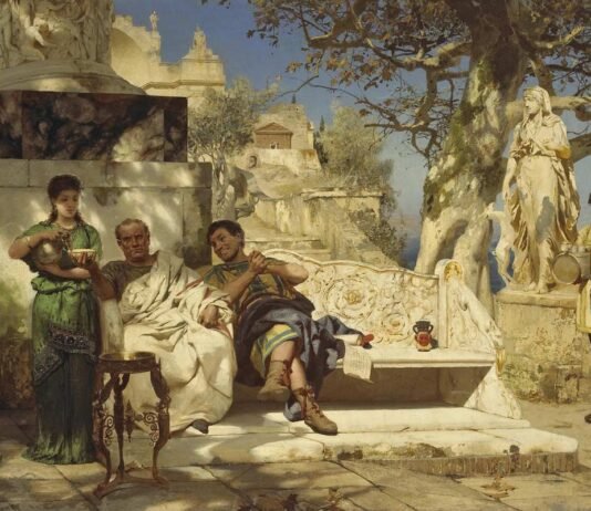 Dos nobles romanos conversan (¿de negocios?) en LA SIESTA DE LOS PATRICIOS, obra de Henryk Siemiradzki.