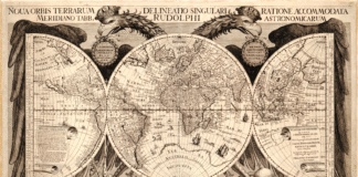 Mapa del mundo extraído de las Tabulae Rudolphinae, obra publicada en 1627 por Johannes Kepler, figura clave en la revolución de la ciencia.
