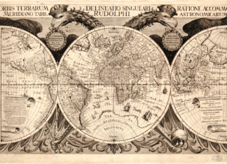 Mapa del mundo extraído de las Tabulae Rudolphinae, obra publicada en 1627 por Johannes Kepler, figura clave en la revolución de la ciencia.