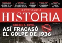 Portada del número 321 de la revista "La Aventura de la Historia", ilustrada con una imagen del Cuartel de la Montaña de Madrid en julio de 1936 y un retrato de Sagasta.