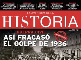 Portada del número 321 de la revista "La Aventura de la Historia", ilustrada con una imagen del Cuartel de la Montaña de Madrid en julio de 1936 y un retrato de Sagasta.