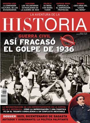 Portada del número 321 de la revista "La Aventura de la Historia", ilustrada con una imagen del Cuartel de la Montaña de Madrid en julio de 1936 y un retrato de Sagasta.