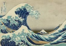 LA GRAN OLA DE KANAGAWA, una de las estampas ukiyo-e de las "Treinta y seis vistas del monte Fuji", por Katsushika Hokusai, entre 1830 y 1833, que recuerda el peligro de los tsunamis en Japón.