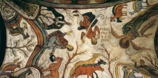 Esta pintura románica sobre la anunciación a los pastores del nacimiento de Jesucristo, en el panteón real de la Colegiata de San Isidoro de León, refleja la colaboración de los perros con sus dueños.