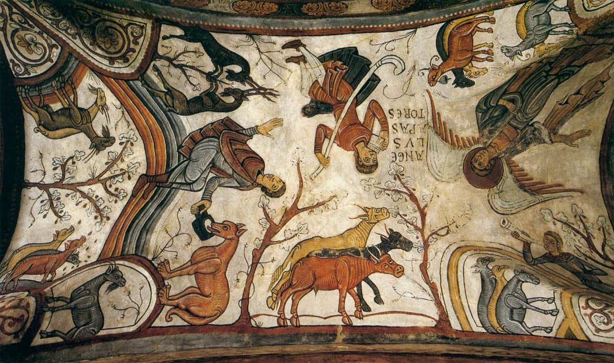 Esta pintura románica sobre la anunciación a los pastores del nacimiento de Jesucristo, en el panteón real de la Colegiata de San Isidoro de León, refleja la colaboración de los perros con sus dueños.