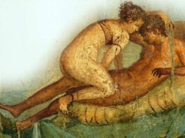 Mural de Pompeya de una escena sexual con la mujer encima del hombre. El sexo, junto a la esclavitud o las supersticiones, protagonizan el contenido de este libro.