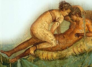 Mural de Pompeya de una escena sexual con la mujer encima del hombre. El sexo, junto a la esclavitud o las supersticiones, protagonizan el contenido de este libro.