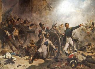 La muerte de Pedro Velarde durante la defensa del parque de artillería de Monteleón, de Joaquín Sorolla.